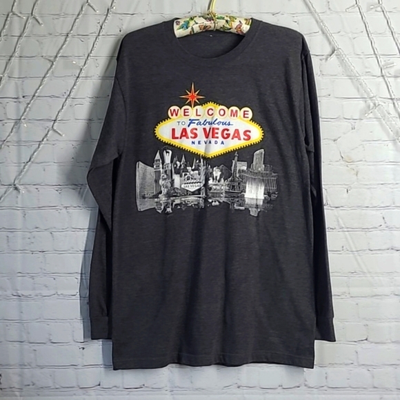 Las Vegas Strip Nevada Casual Gray Graphic Print Long Sleeve Tee Men's Size 2XL - Picture 1 of 17